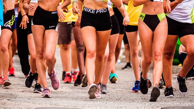 A group of runners participating in an outdoor street marathon wearing athletic gear.